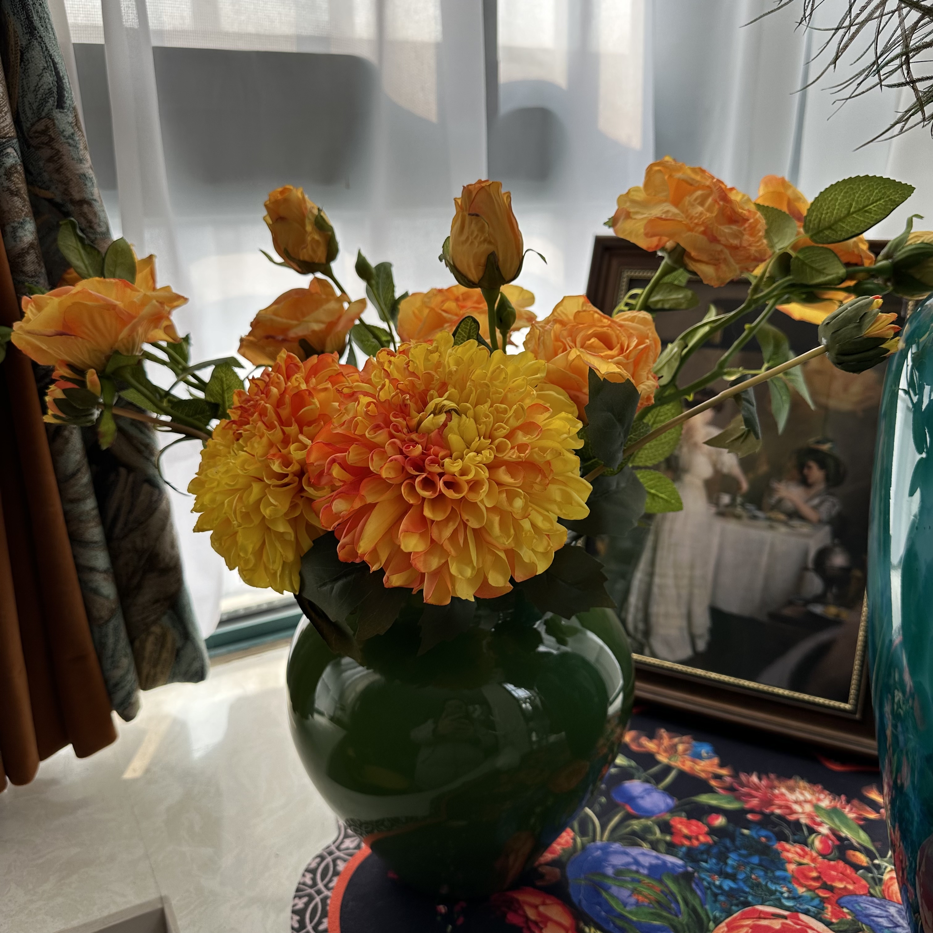 美式油画牡丹复古黄玫瑰客厅茶几摆放花艺