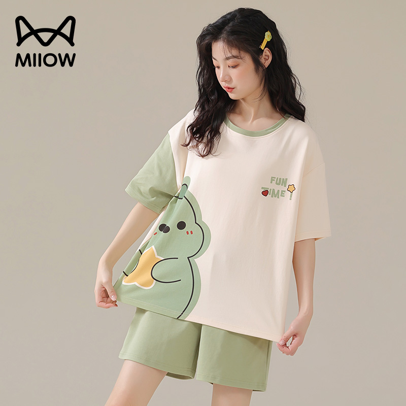 猫人冰丝睡衣女夏季薄款可爱甜美风短袖套装夏日休闲家居服可外穿