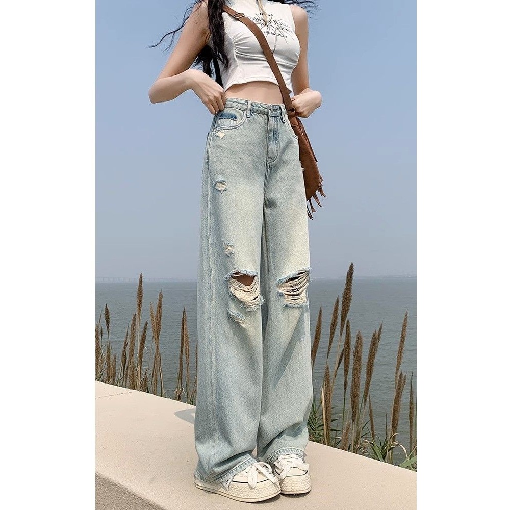 高个子加长破洞牛仔裤女夏季薄款垂感宽松高腰浅色拖地直筒阔腿裤