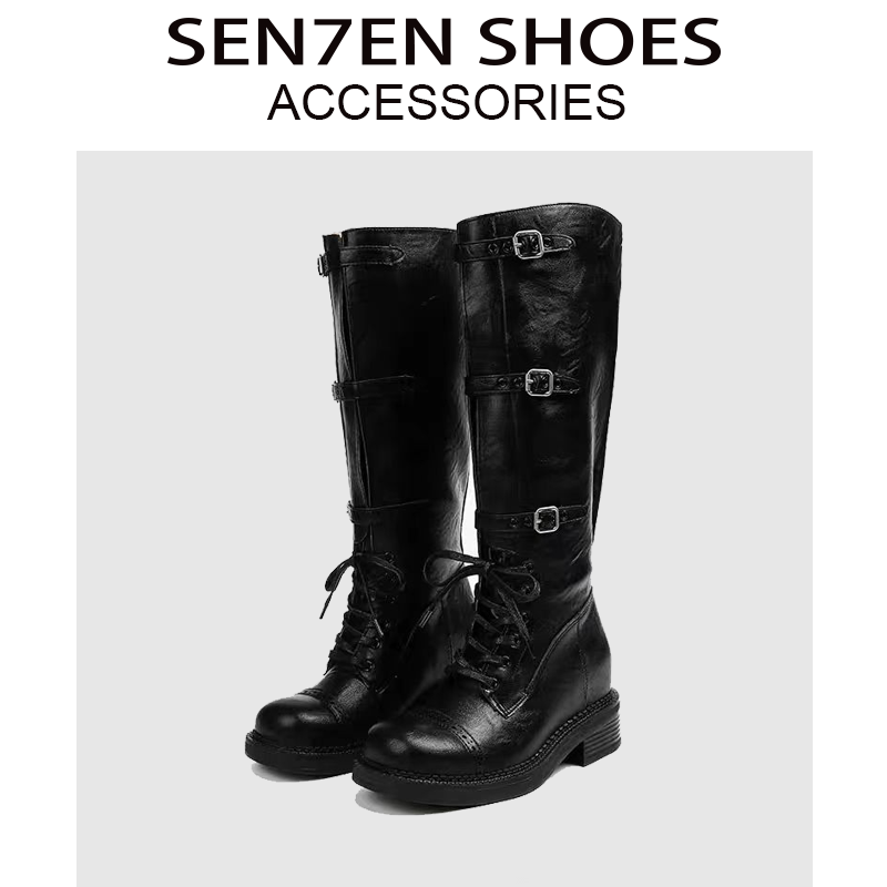 【咕噜肉】美拉德棕色高筒长筒靴女绑带真皮复古辣妹西部牛仔骑士靴