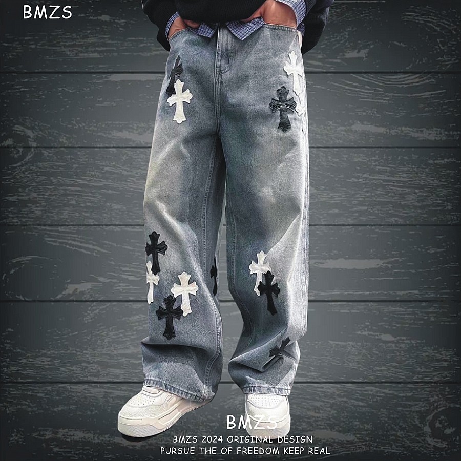 轻奢高货美式高街水洗十字架贴皮牛仔裤男女直筒裤大码潮流秋季裤