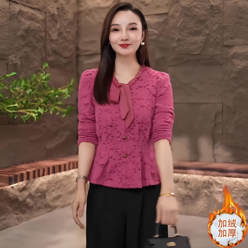 小香风蝴蝶结加绒蕾丝打底衫女士洋气小衫秋冬新款小个子修身上衣
