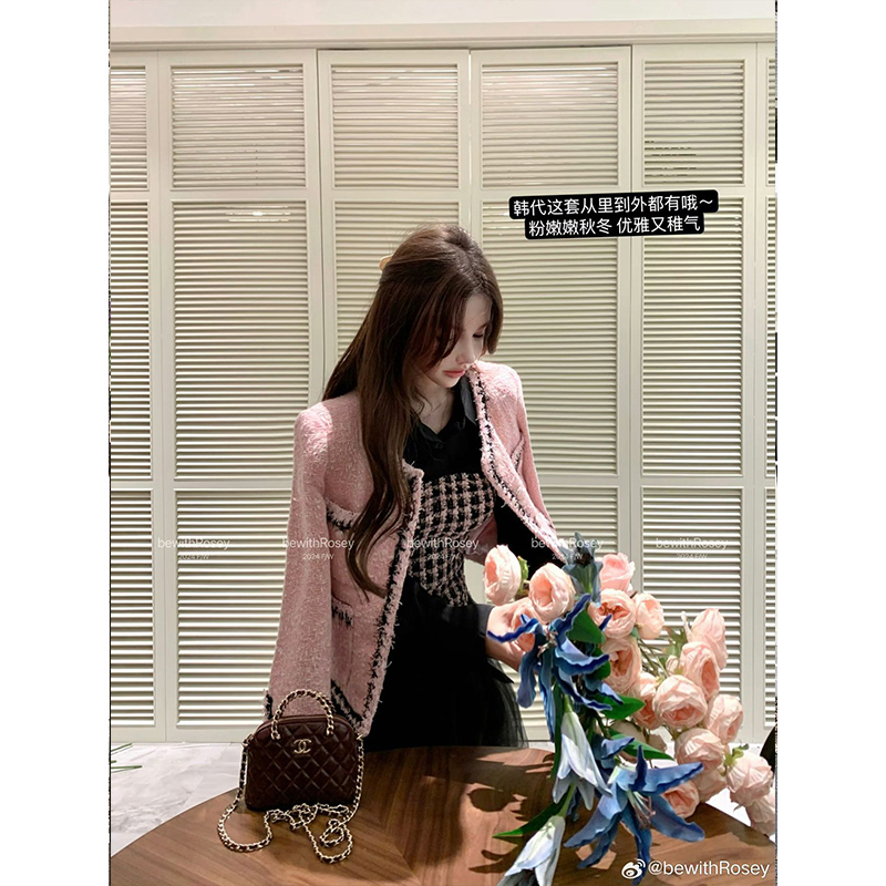 法式名媛轻奢小香风短款外套粉色编织花边抹胸上衣半身裙时尚套装