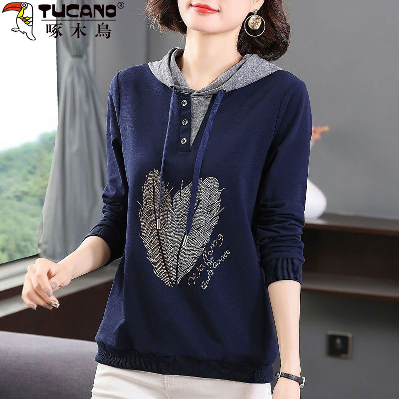 啄木鸟纯棉连帽长袖T恤女士春秋新款大码宽松胖MM200斤显瘦上衣服