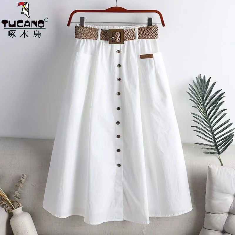 啄木鸟夏款松紧高腰中长款A字裙韩版时尚显瘦遮肉百搭半身裙