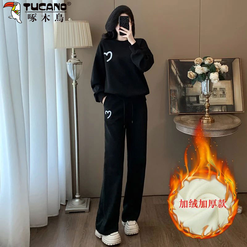 啄木鸟纯棉休闲套装女秋冬加绒显瘦运动宽松两件套时尚洋气外穿潮