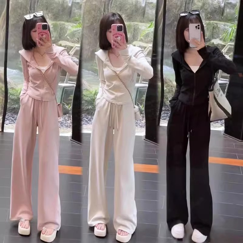 Q1086小个子时尚套装连帽卫衣阔腿裤洋气休闲运动两件套气质减龄