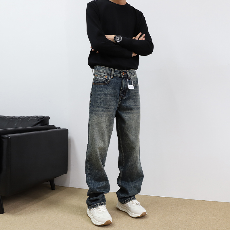 2025秋冬宽松牛仔裤男款水洗蓝色复古做旧直筒裤美式高街百搭长裤