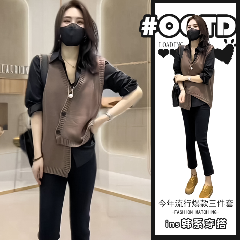 春秋设计感不规则马甲气质衬衫+高腰显瘦裤子遮肉简约休闲套装潮