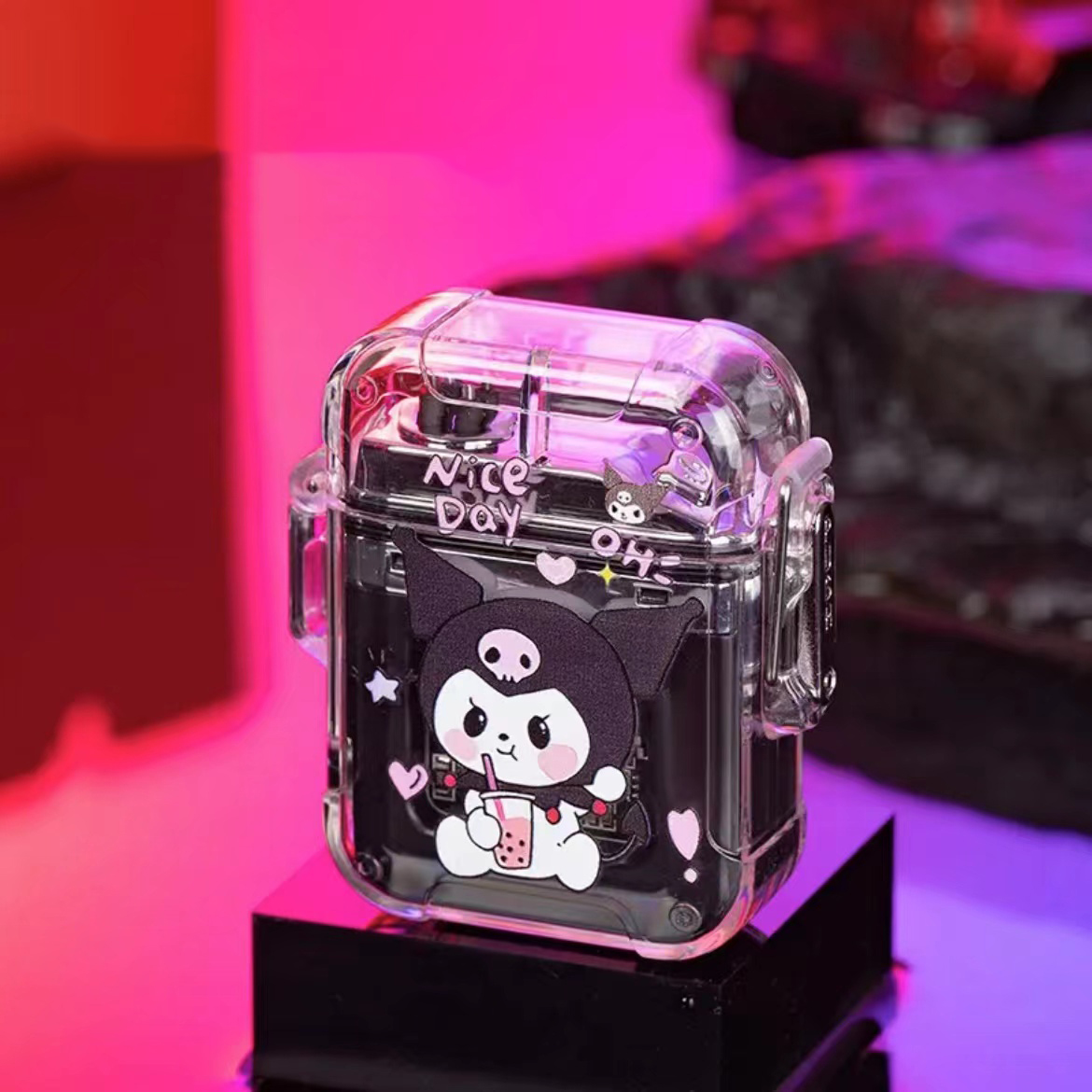 新款透明壳双电弧充电打火机电子脉冲可爱卡通酷洛米防水COB照明