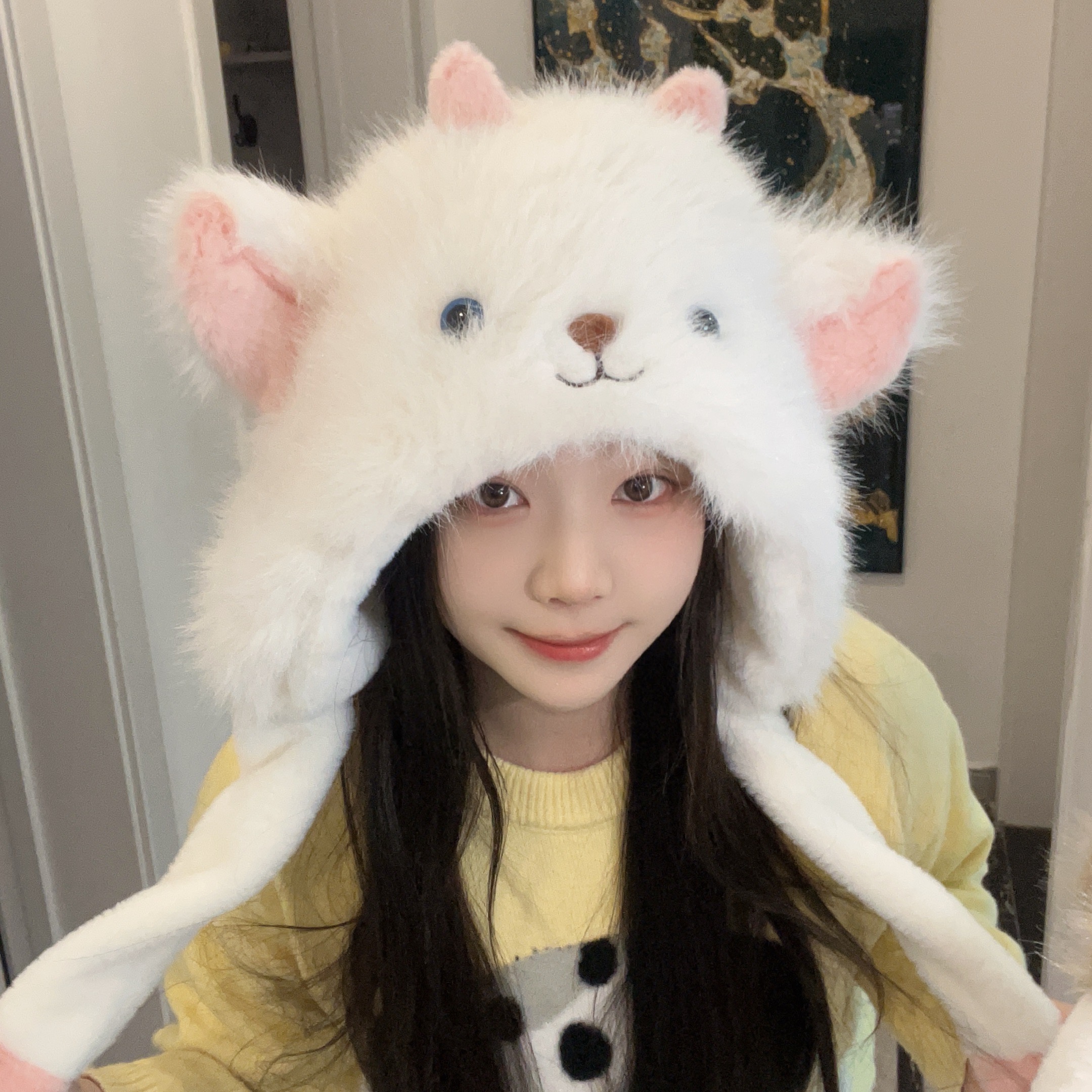 新款小羊秋冬加绒加厚毛绒帽子女保暖捏捏耳朵会动护耳帽防寒帽