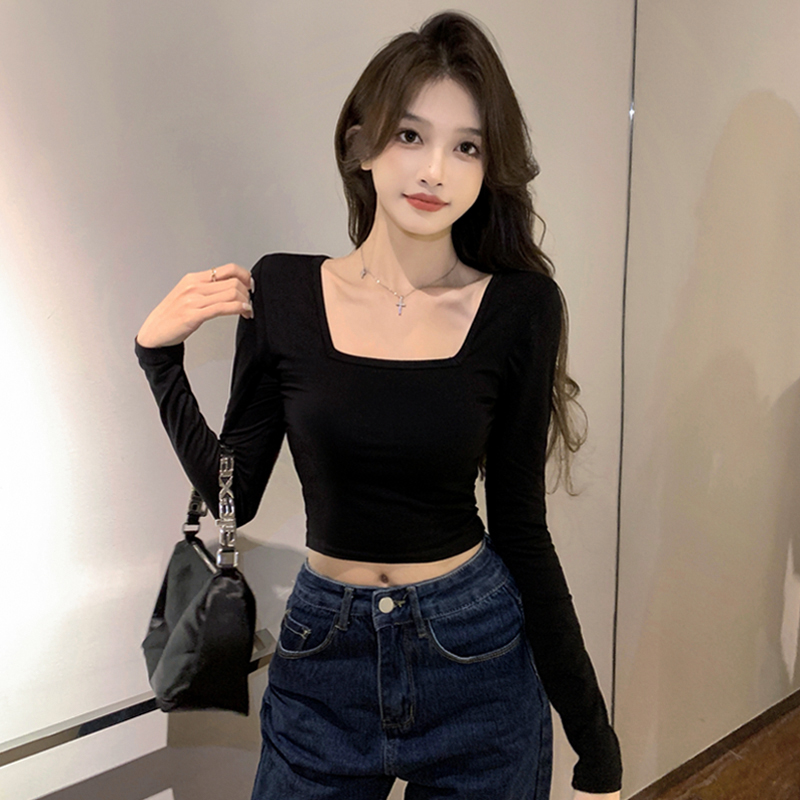 黑色短款修身方领打底衫女露脐长袖T恤低领百搭高腰内搭秋冬上衣
