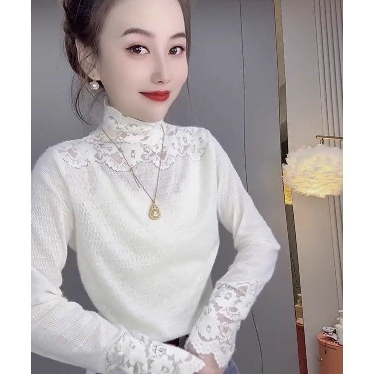 半高领蕾丝钩花针织打底衫女秋装2025新款高级感修身内搭长袖上衣