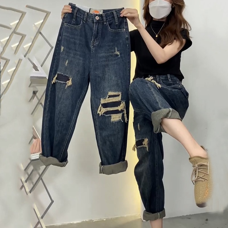 2025春秋季梨型身材百搭大码女装牛仔裤子女新款宽松假破洞老爹裤