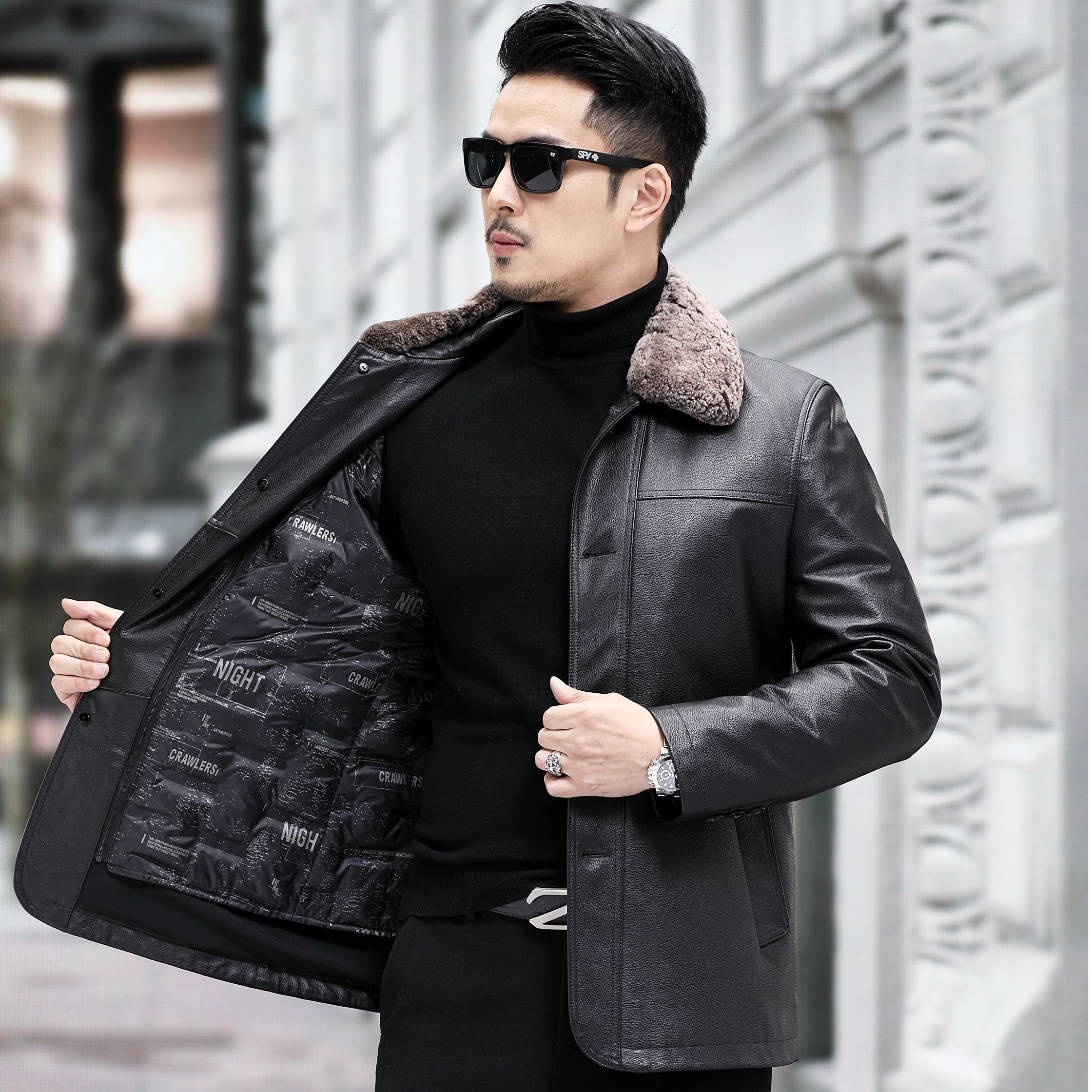 男士新款8181头层小牛皮毛领内胆可脱卸休闲商务秋冬保暖真皮外套