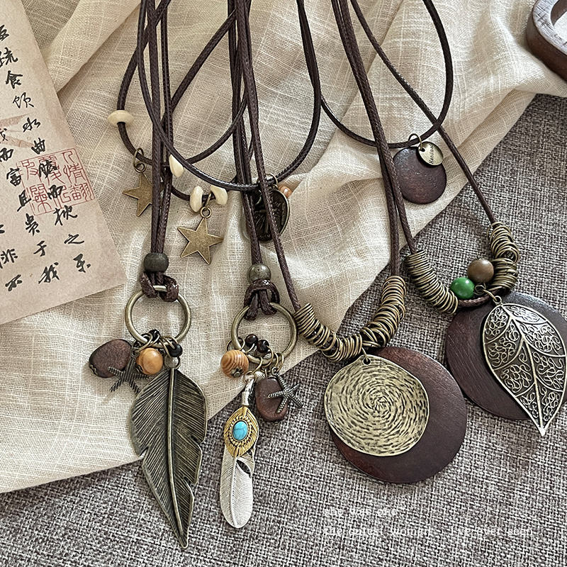 合金吊坠 新中式长款吊坠项链女民族风羽毛锁骨链颈链双层毛衣链