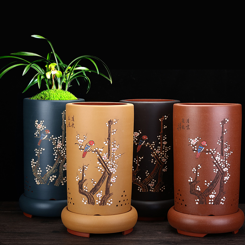 宜兴紫砂盆兰花花盆精品高档圆柱客厅落地带托盘悬崖老桩高盆景盆