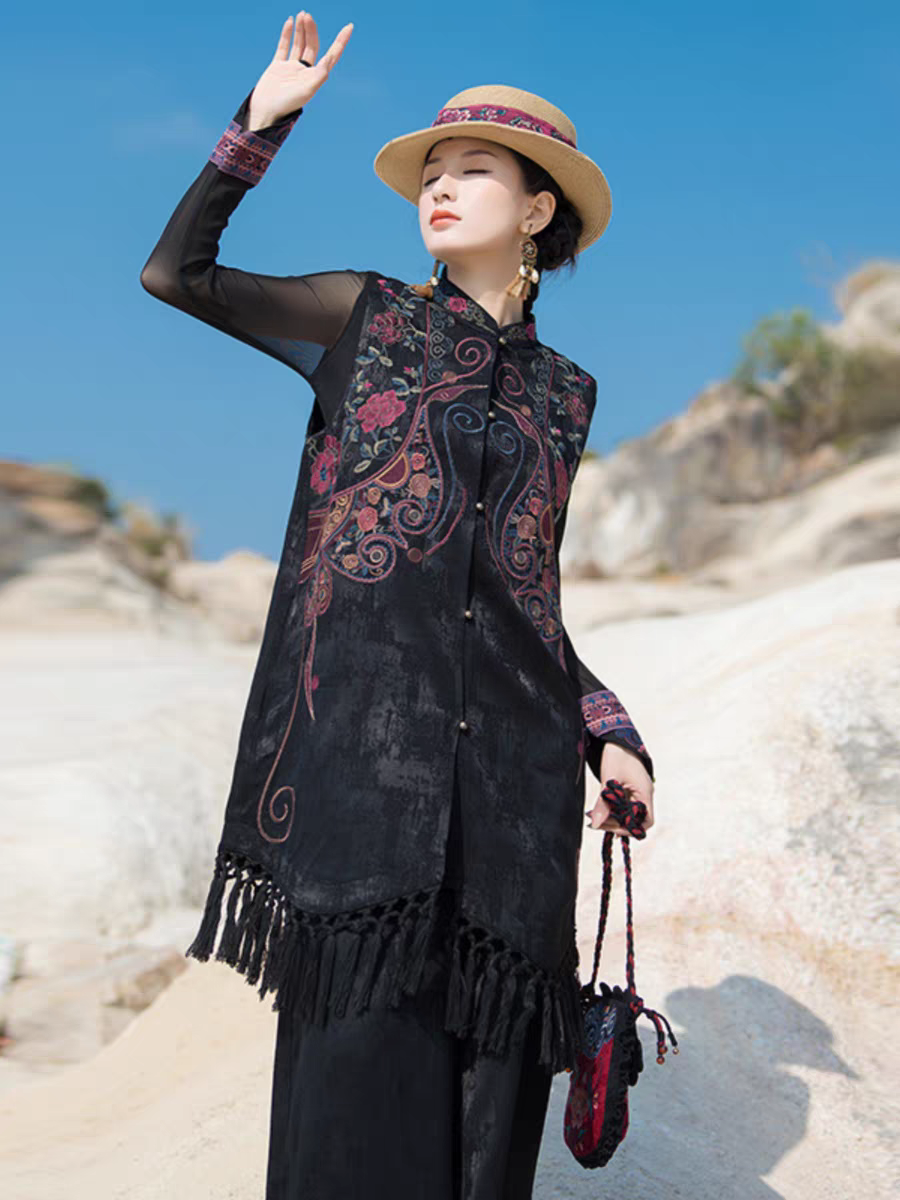 春秋洋气复古中式刺绣提花百搭黑色马夹中长款民族风绣花马甲女款