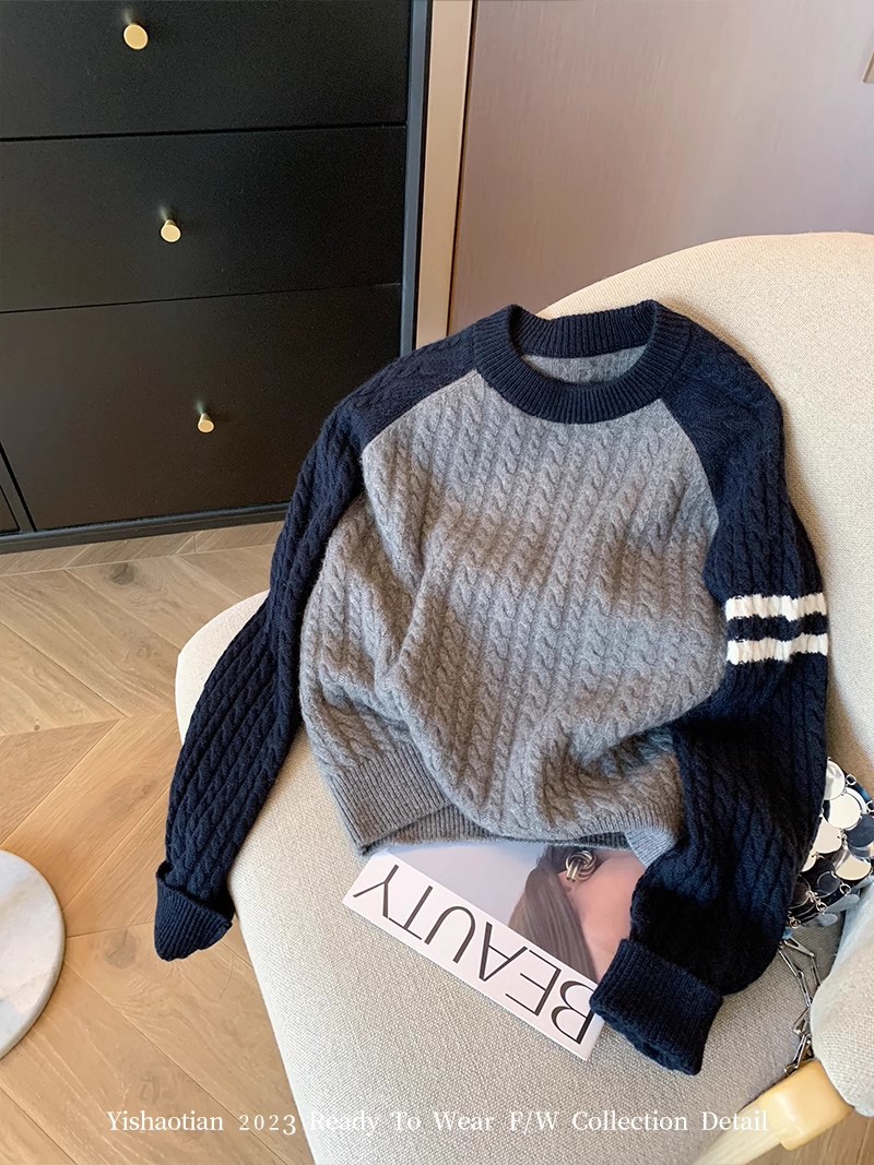 撞色圆领麻花插肩袖毛衣女秋冬季2023慵懒休闲百搭软糯套头针织衫