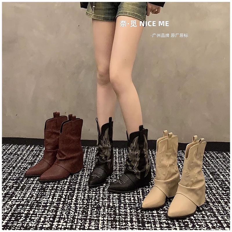 NICE ME~粗跟西部牛仔靴中筒马丁靴女2025春秋单靴好看冬天不臃肿