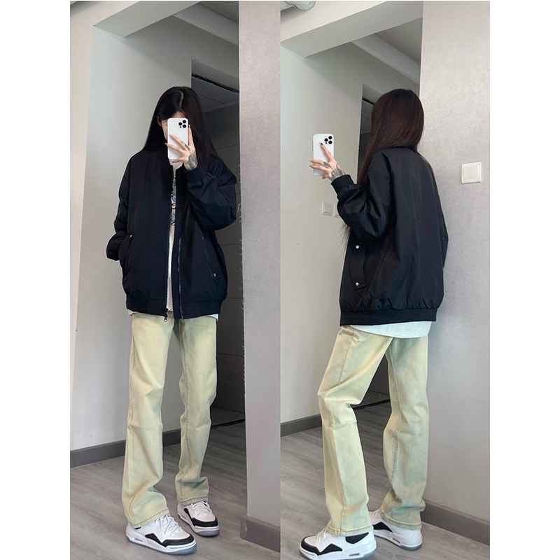 美式复古黄泥色阔腿牛仔裤女款春夏薄款高腰情侣垂感宽松直筒裤子