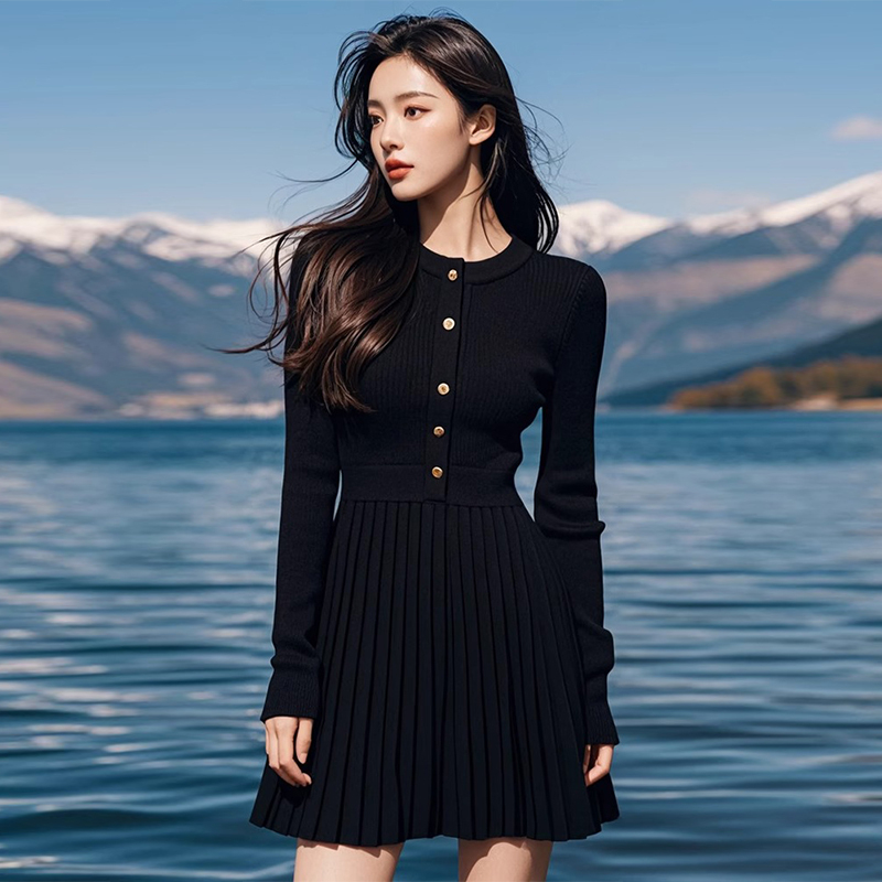 法式黑色针织长袖连衣裙子女装秋冬季2025新款小个子内搭打底短裙