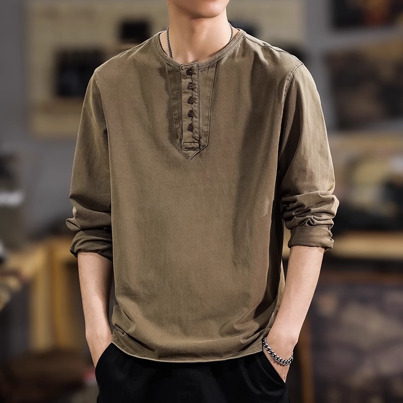 美式复古潮流亨利领休闲长袖T恤男春秋款宽松纯棉内搭打底衫卫衣