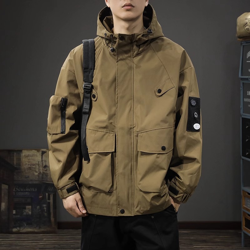 美式潮牌连帽工装夹克男宽松大码秋季男士户外新款风衣休闲外套潮