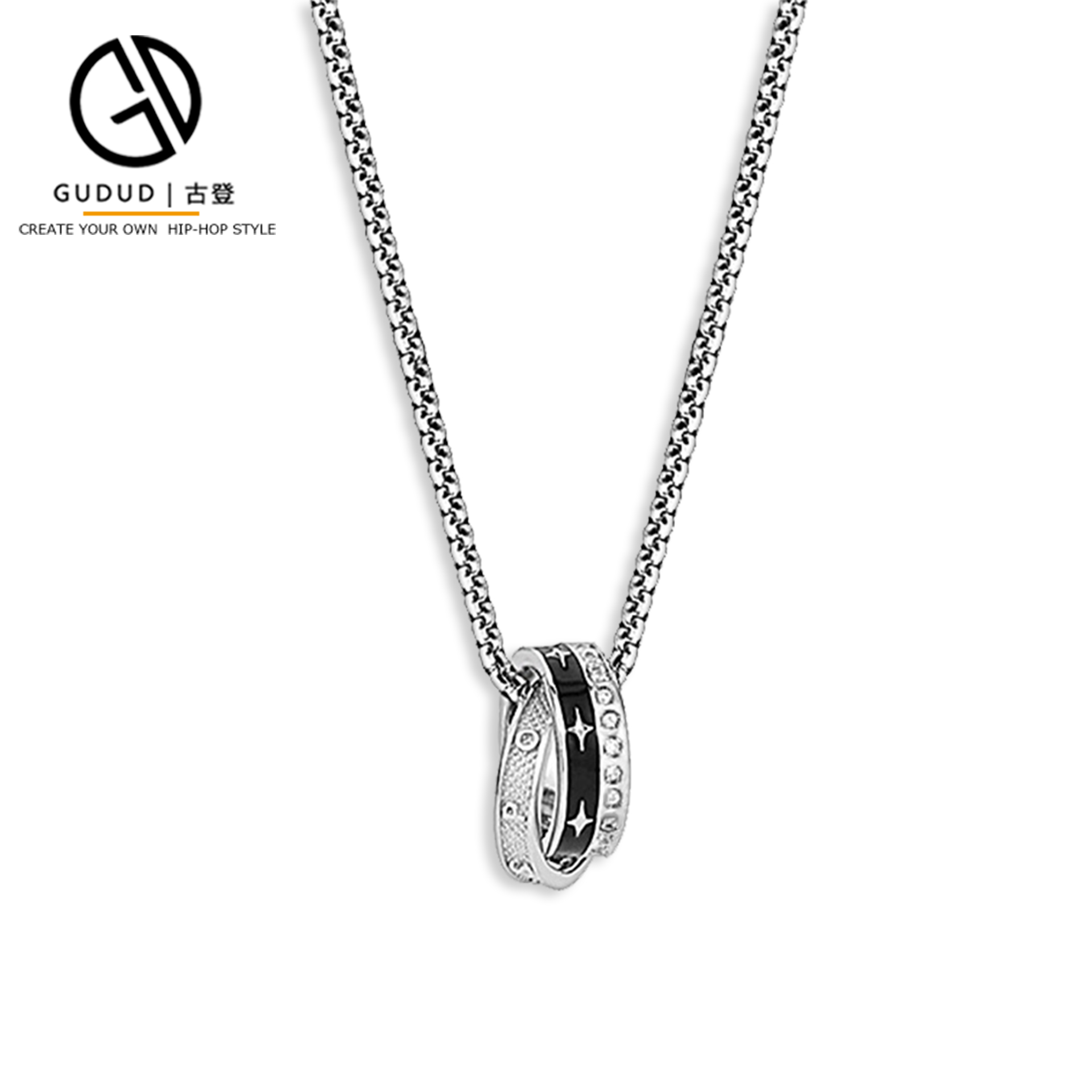 吊坠925银 S925纯银追光者双环项链男小众高级百搭男生吊坠