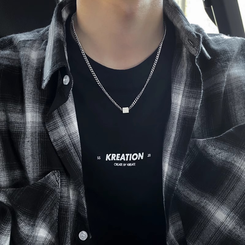 钛钢项链 小方块男款潮流高级感小众设计男生卫衣配饰链子吊坠ins