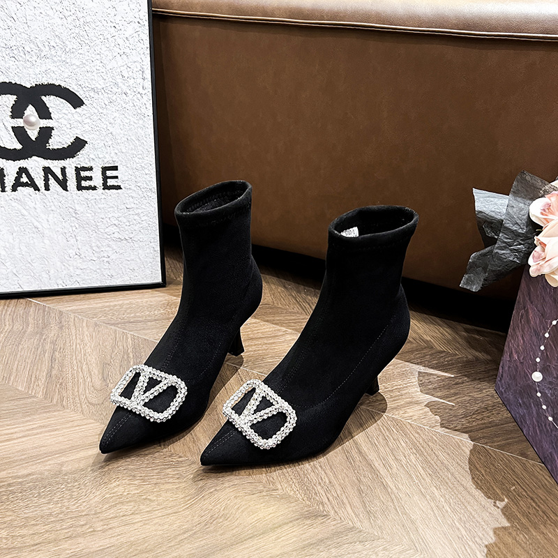 秋冬时尚小短靴时髦洋气尖头高跟瘦瘦靴气质法式细跟百搭弹力靴