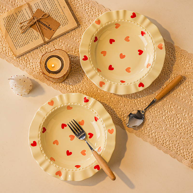 桃心草帽盘2个装网红家用盘菜盘深盘陶瓷釉下彩西餐盘暖色系列
