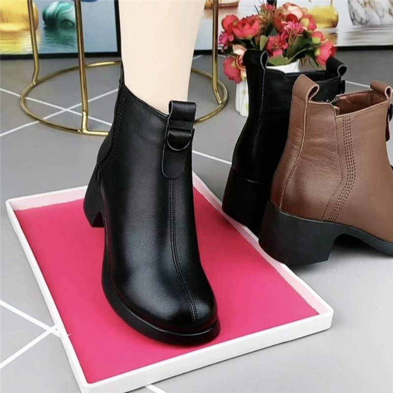 短靴女真皮圆头粗跟靴子女复古棉鞋女冬加绒休闲软皮软底马丁靴女