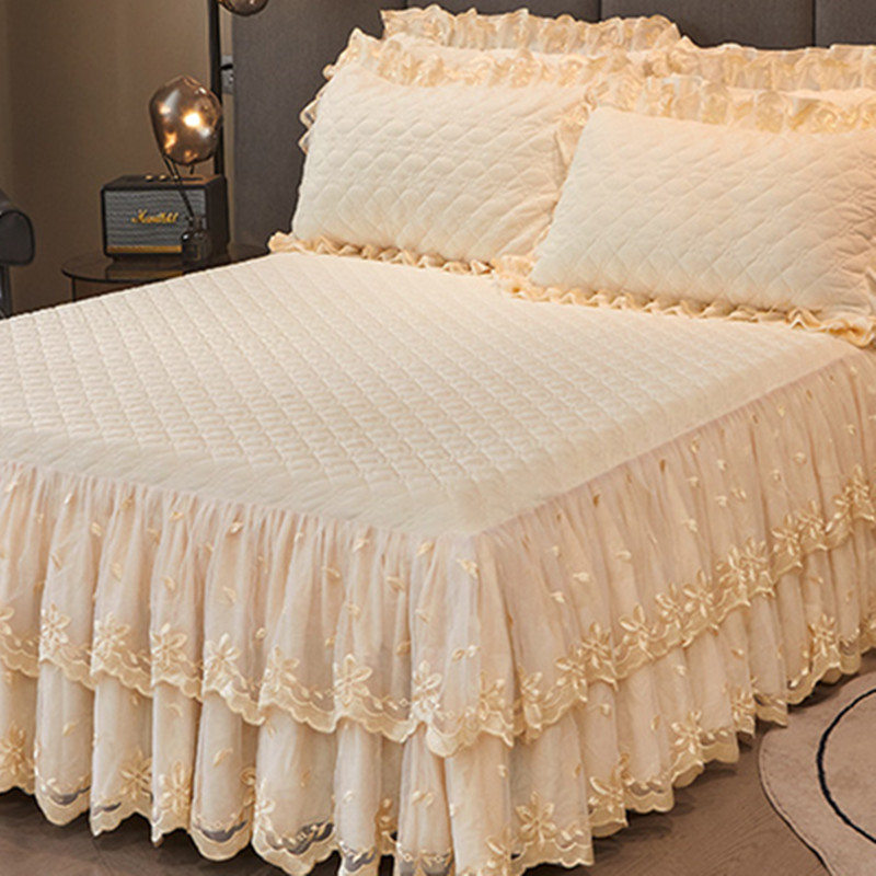 秋冬加厚保暖韩版水晶绒蕾丝床裙2024新款防滑夹棉加绒床罩绒床盖