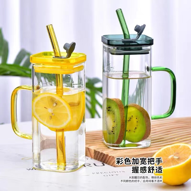 高硼硅带盖四方吸管杯带把手杯子ins风水杯咖啡把手玻璃杯茶杯