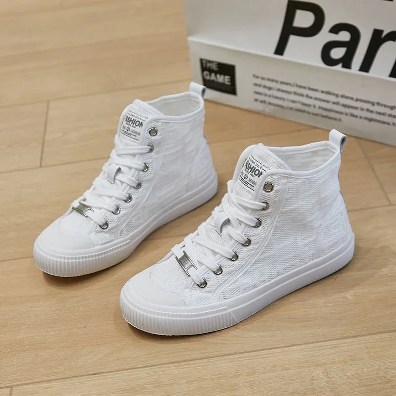 2025蕾丝百搭高帮鞋爆款学生平底休闲潮鞋小白鞋软底女鞋高帮鞋女