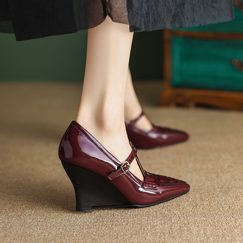 酒红色坡跟单鞋女复古气质编织浅口真皮真皮丁字带尖头超高跟鞋子