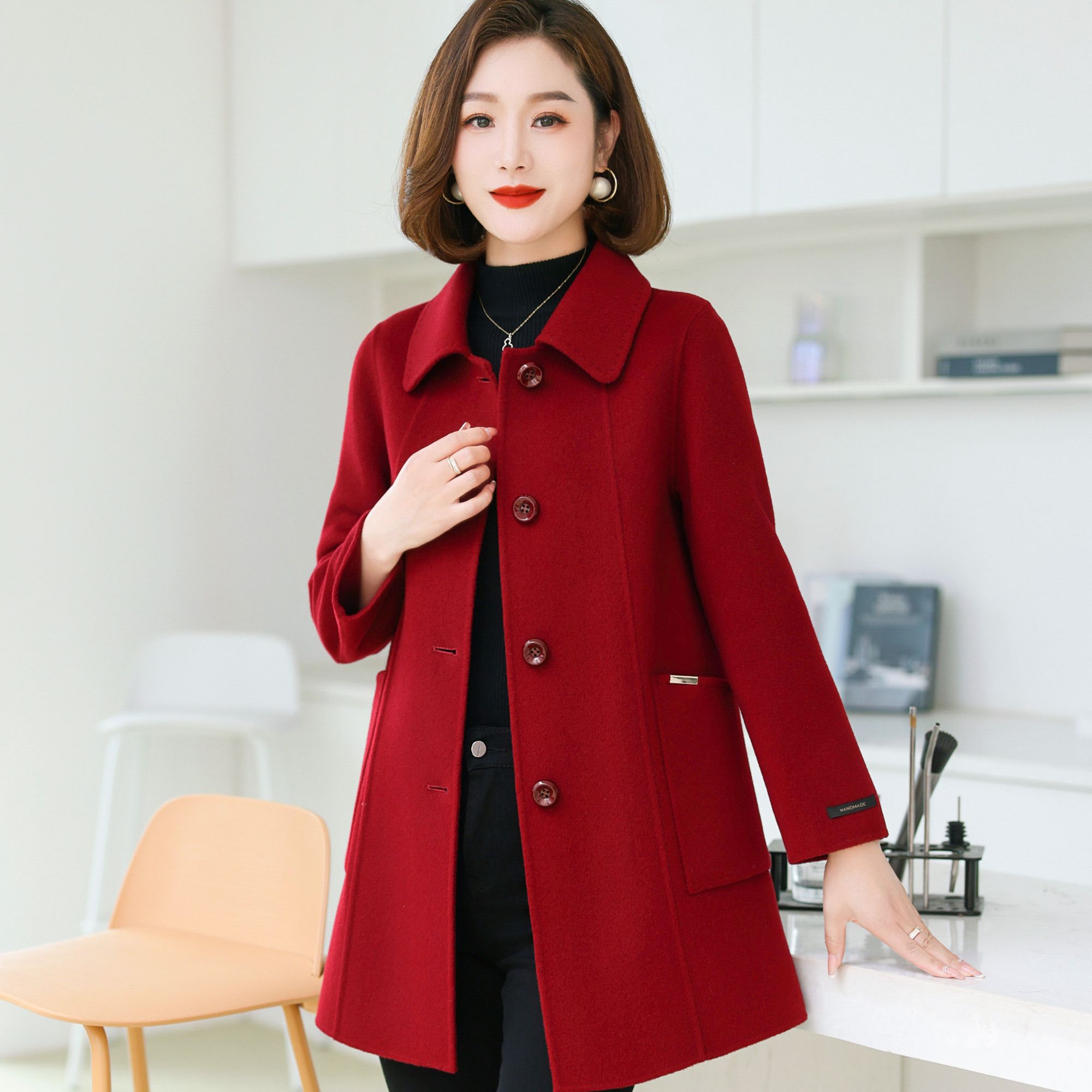 ziyang/孜洋秋冬新款百分百双面绵羊毛大衣中款外套显瘦修身8815