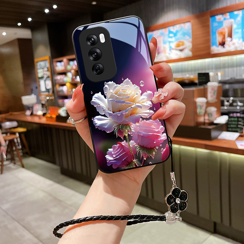 绽放玫瑰适用OPPOReno12手机壳玻璃壳reno12pro+壳女挂绳超薄硅胶