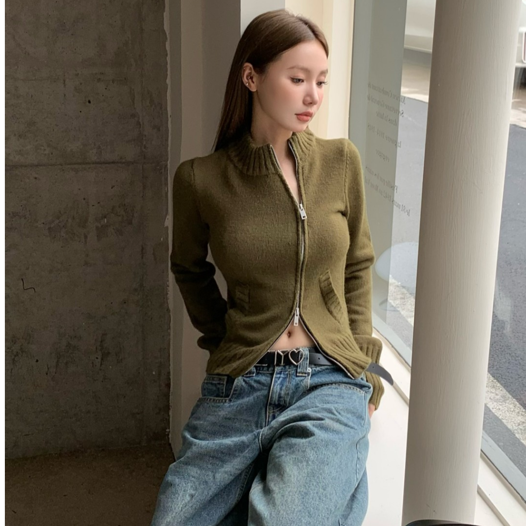 番茄妹妹Tomatosister秋冬斜双拉链小众设计韩系短款开衫修身毛衣