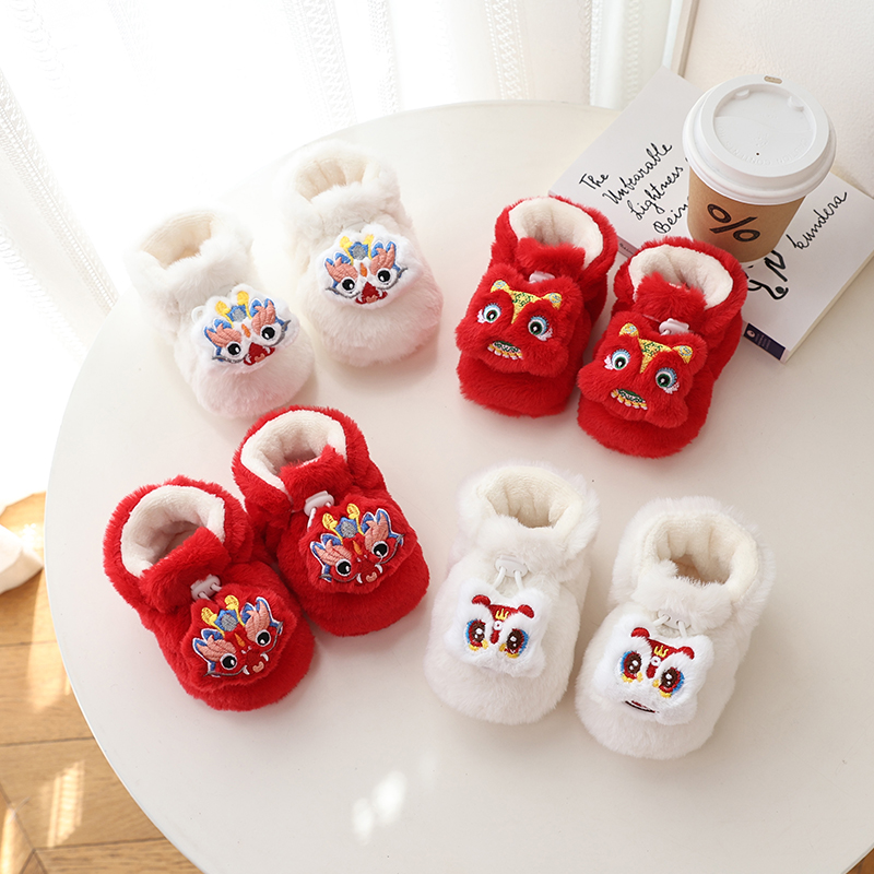 新中式中国风冬季婴儿鞋加绒保暖棉鞋卡通老虎造型毛毛鞋防掉脚套