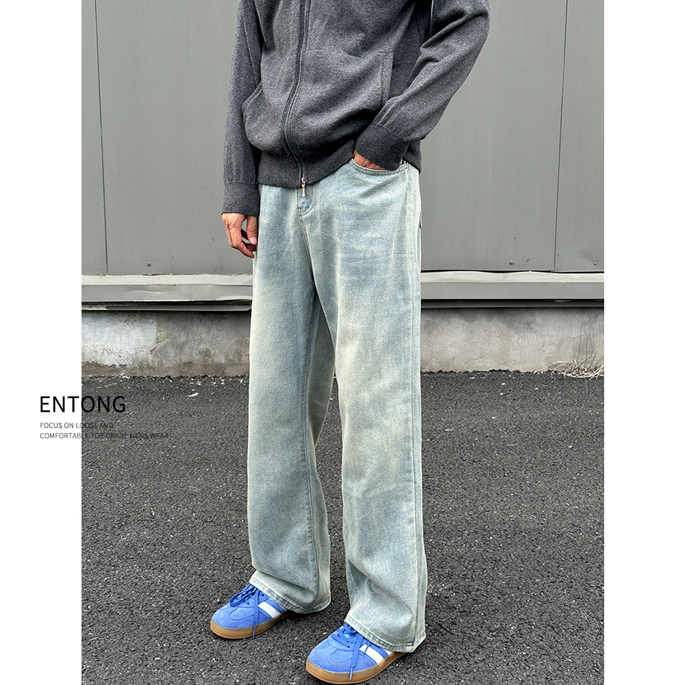 Entong美式复古做旧水洗牛仔裤男高街vibe直筒阔腿裤百搭宽松长裤