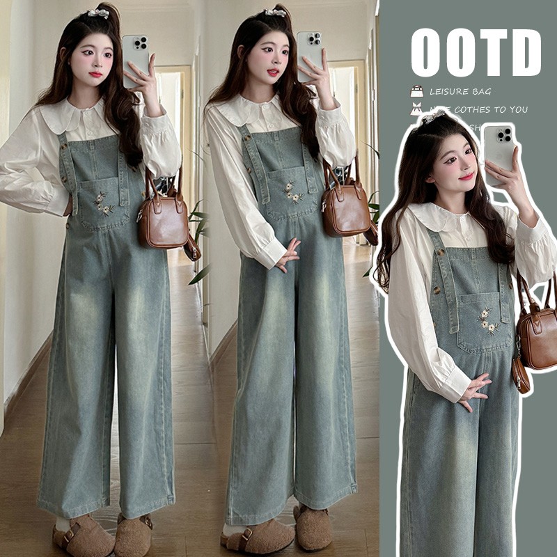 2026秋季新款孕妇装版型针织打底衫+牛仔背带裤减龄宽松