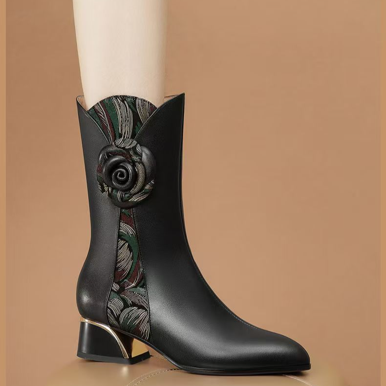 2025新款秋冬季软皮中筒女靴粗跟女士皮鞋短靴中跟马丁靴大码女鞋