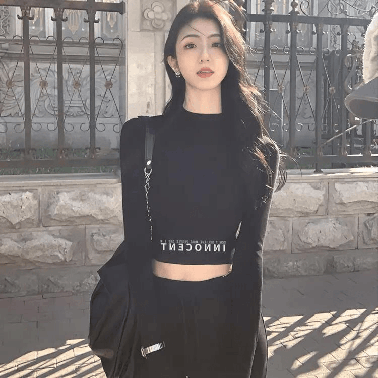 黑色半高领打底衫女2024春秋显瘦高腰内搭长袖小个子上衣短款潮