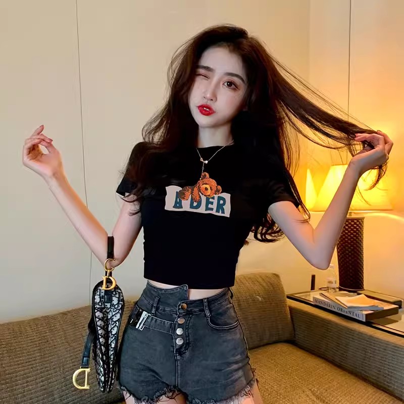 黑色短袖女t恤显瘦短款高腰露脐夏季纯棉紧身印花辣妹上衣设计感