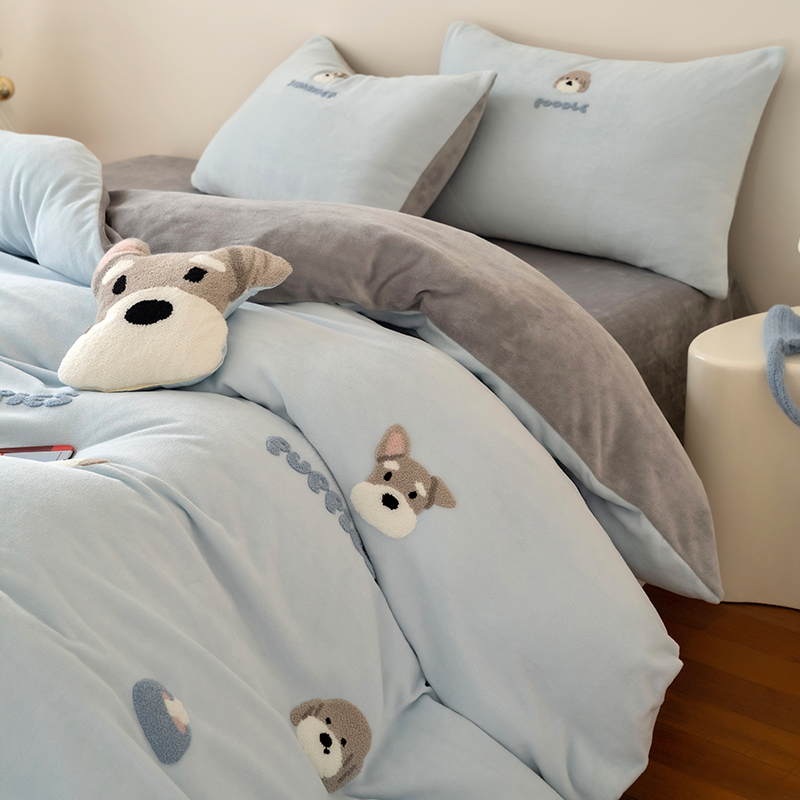卡通毛巾绣牛奶绒四件套冬季加厚珊瑚绒面被套床单床上用品三件套