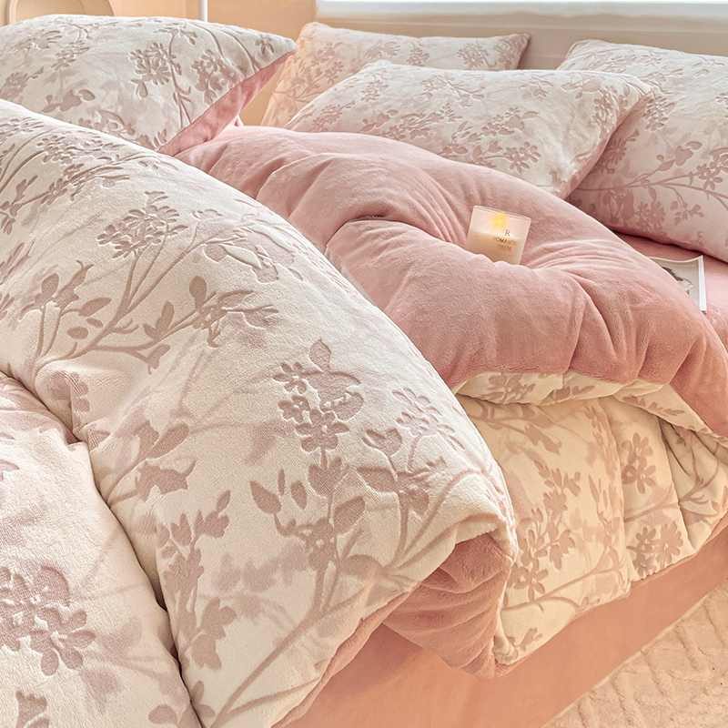 冬季雕花牛奶绒四件套冬天珊瑚法兰绒加厚床单被套床上用品三件套