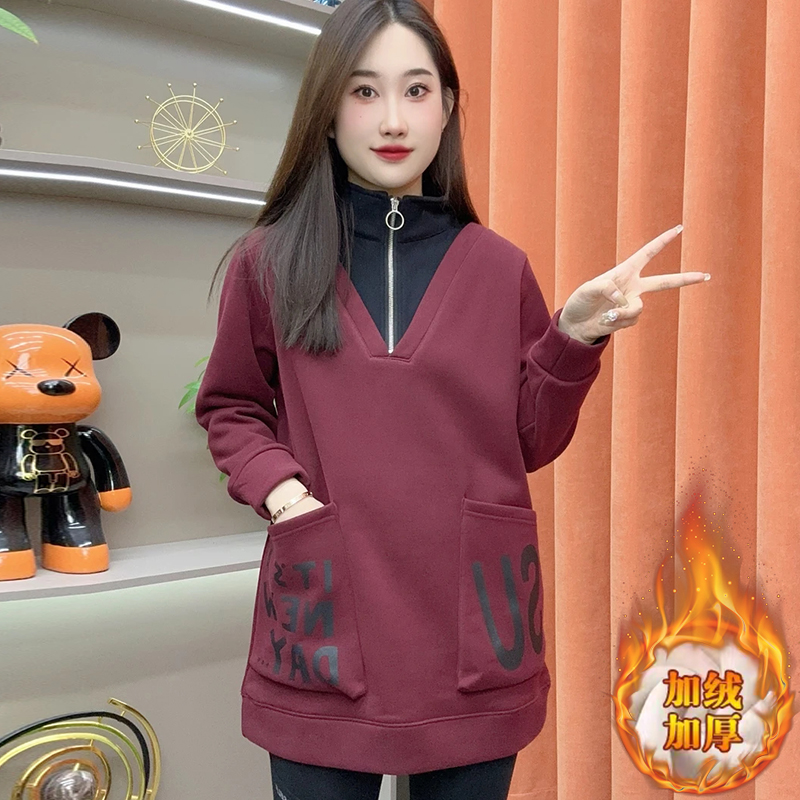 高含棉2025年秋冬新款休闲假两件半拉链卫衣女中长款加绒加厚上衣