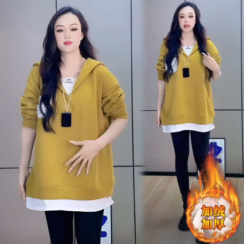 高含棉假两件中长款卫衣女2025年冬季加绒加厚休闲洋气长袖上衣潮